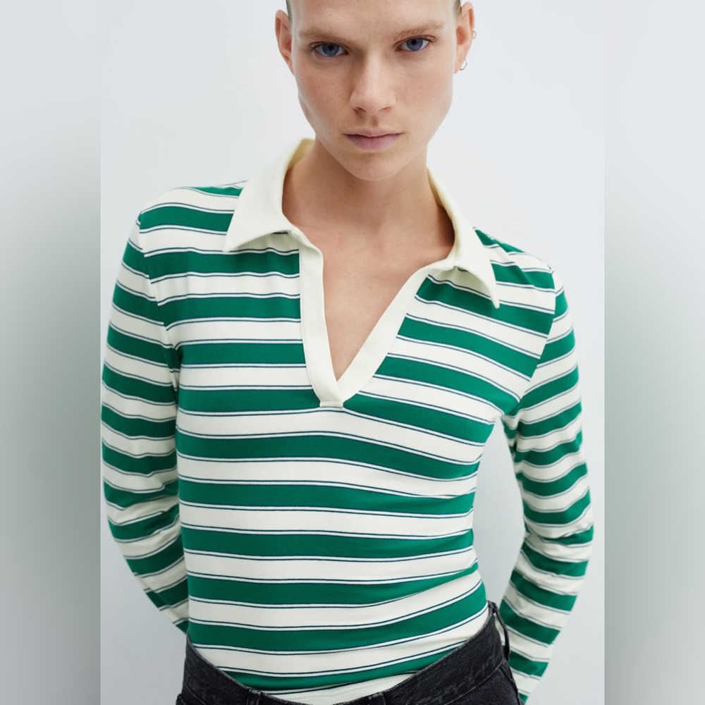 MANGO Green & Cream Striped Long Sleeve Polo Top – Size L